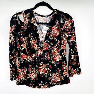 New Pro Blue Women's Size L Black Floral Velour Cold Shoulder Long Sleeve Blouse
